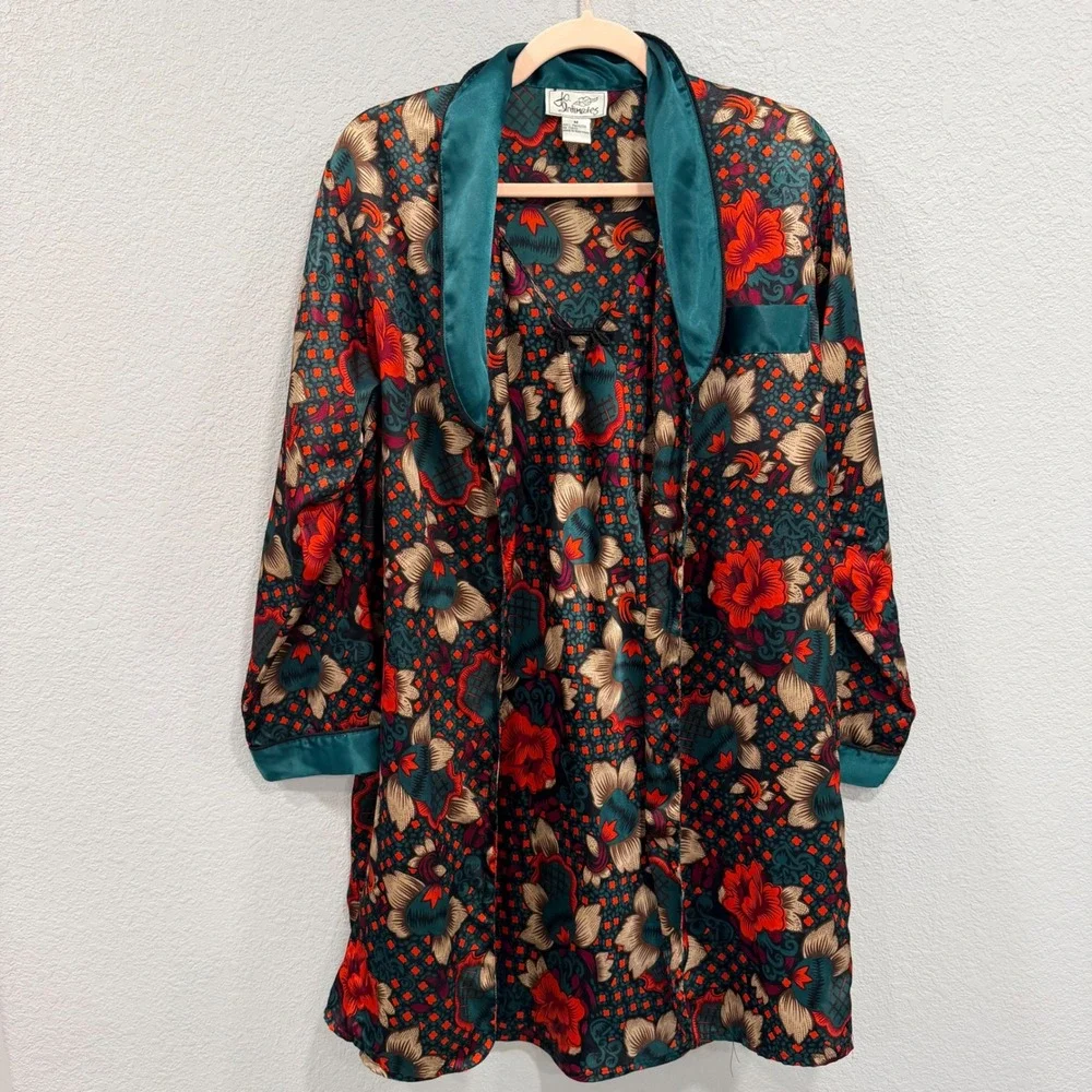 VTG Women's M Satin Robe and Nightgown Set Teal Floral Boho‎ 90s Retro